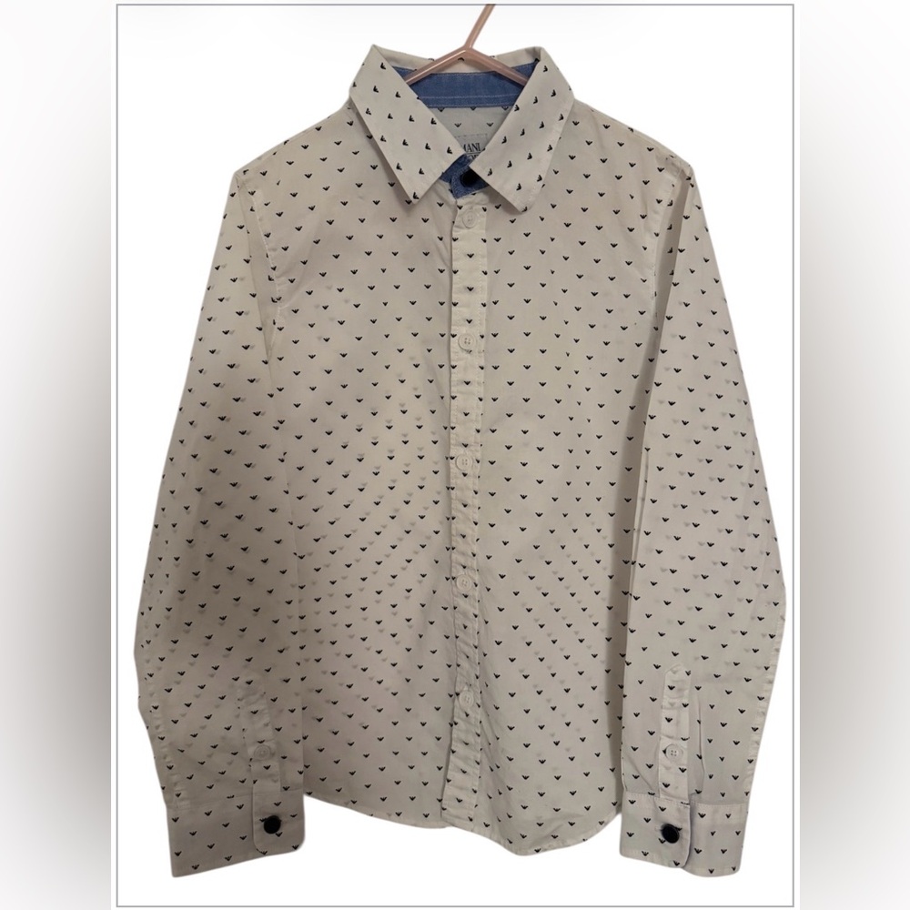 Armani Junior White Button-Down with Navy Micro Hearts
